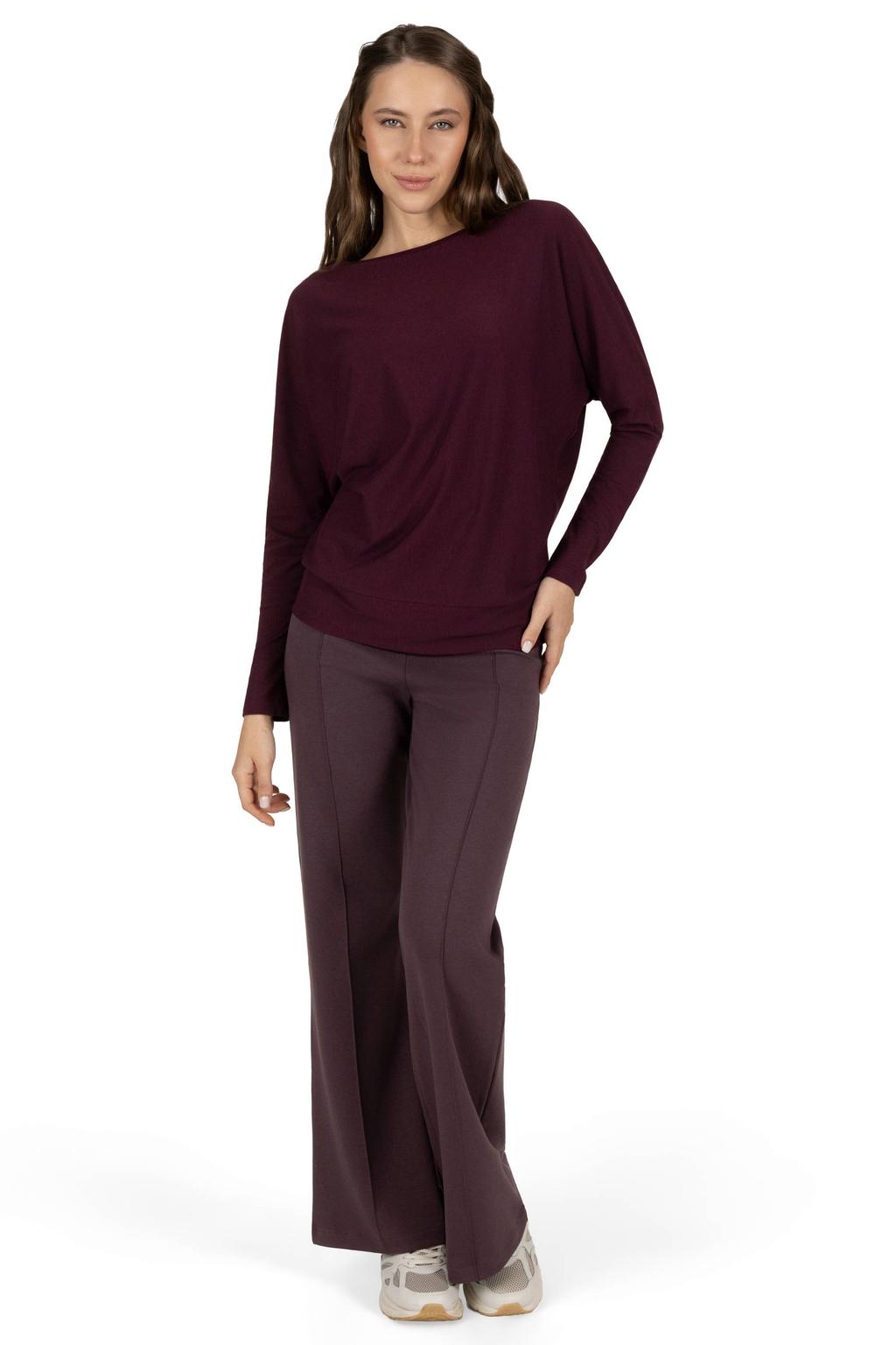 Donkerrode dames Urban Goddess sportshirt Budhi van bamboe met lange mouwen en boothals