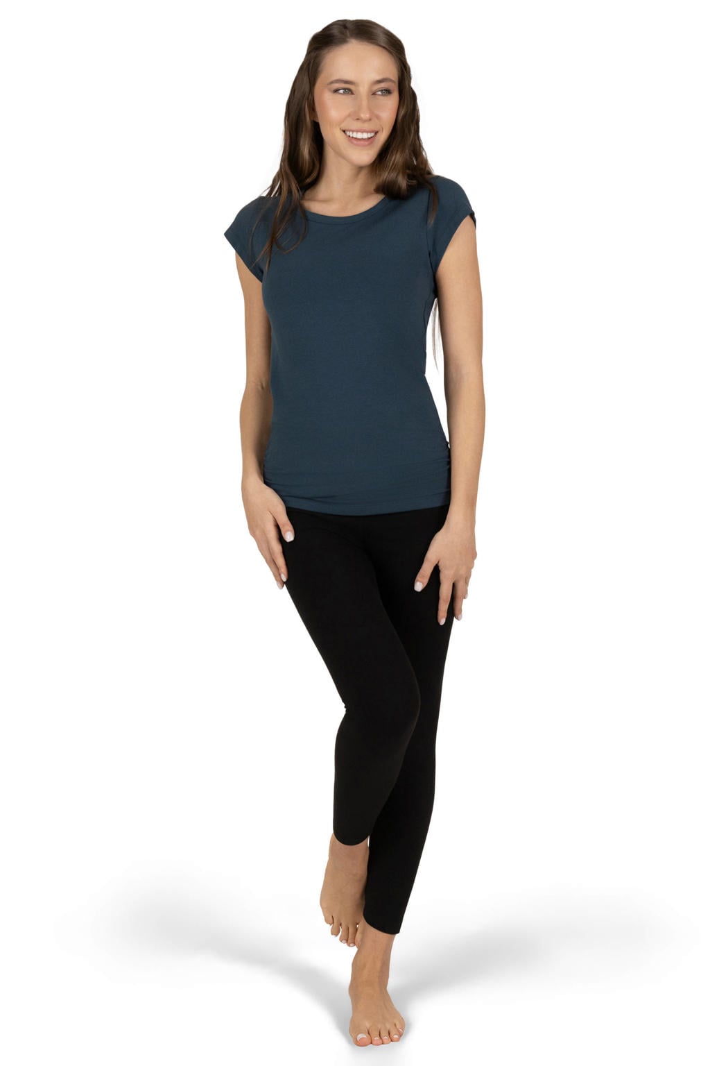 Grijsblauwe dames Urban Goddess sportshirt Zefira blauw van katoen met korte mouwen en ronde hals