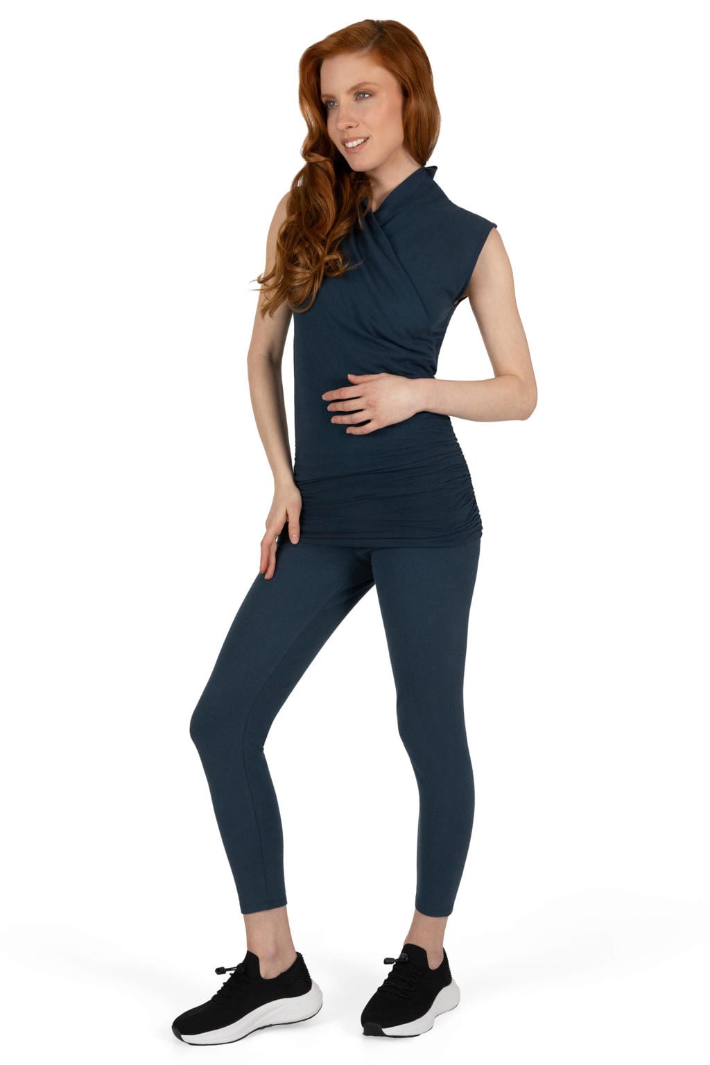 Grijsblauwe dames Urban Goddess sportshirt Karma blauw van katoen met effen en overslagkraag