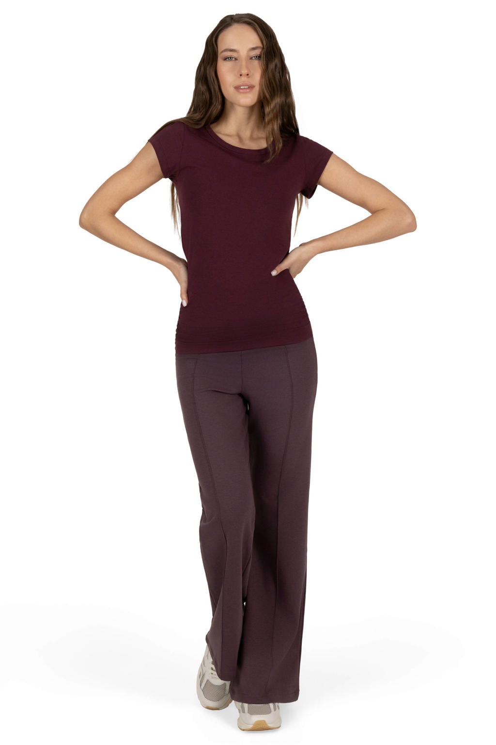 Donkerrode dames Urban Goddess sportshirt van katoen met korte mouwen en ronde hals