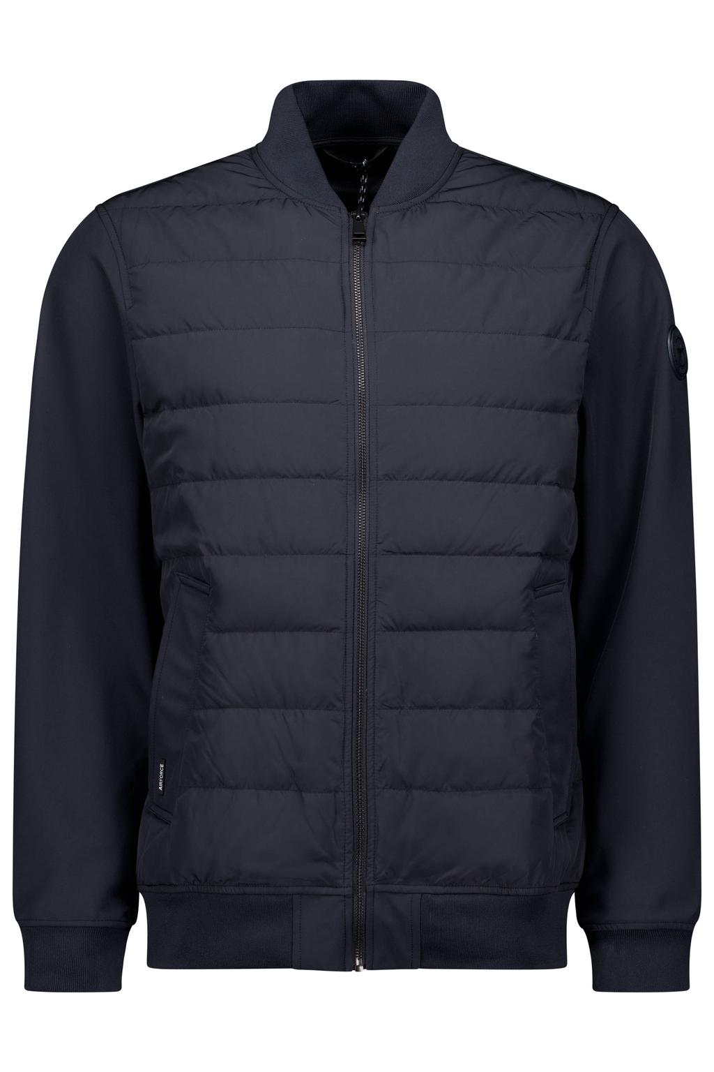 Donkerblauwe heren Airforce zomerjas van softshell materiaal met effen, lange mouwen, opstaande kraag, ritssluiting en doorgestikte details