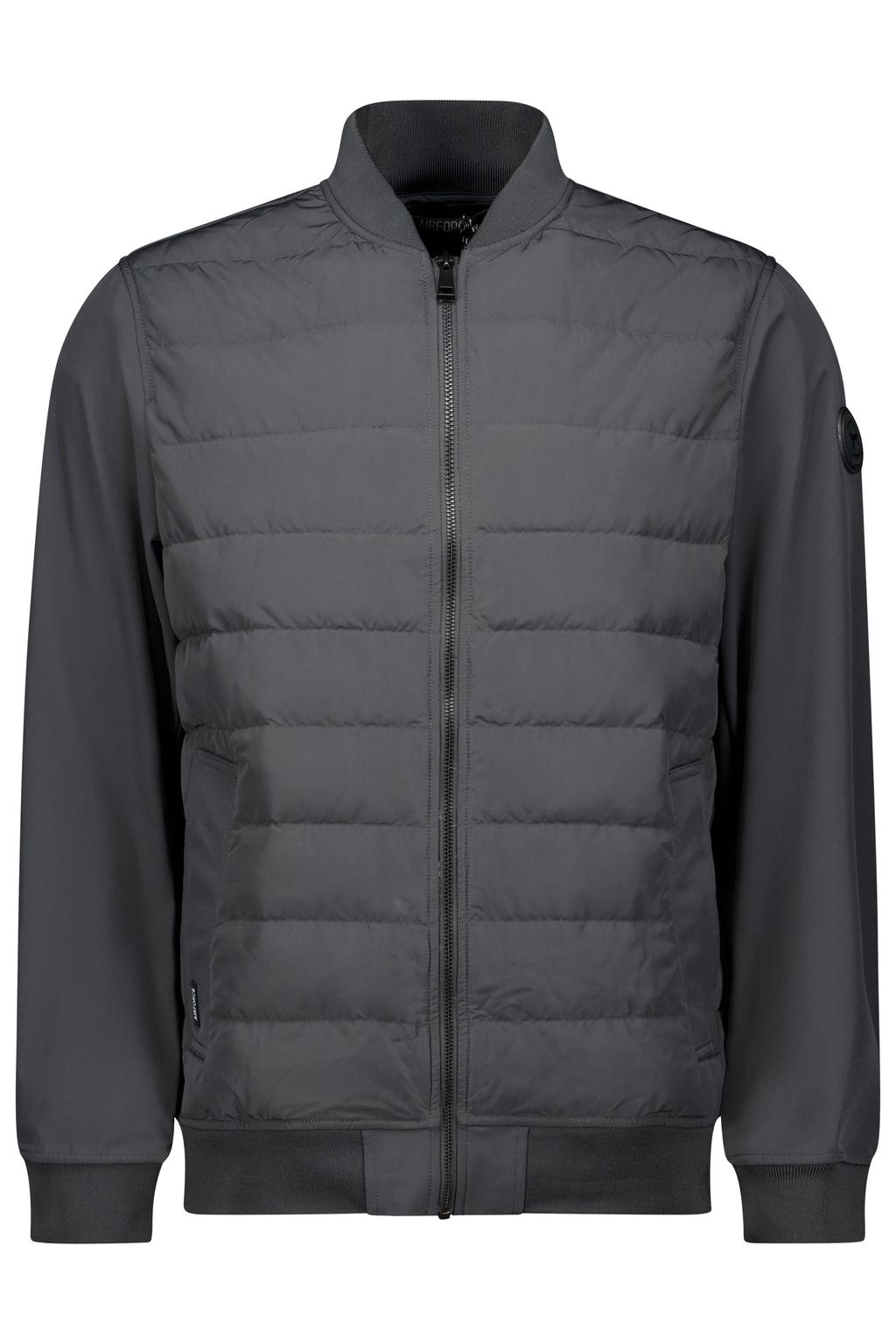 Grijze heren Airforce zomerjas van softshell materiaal met effen, lange mouwen, opstaande kraag, ritssluiting en doorgestikte details