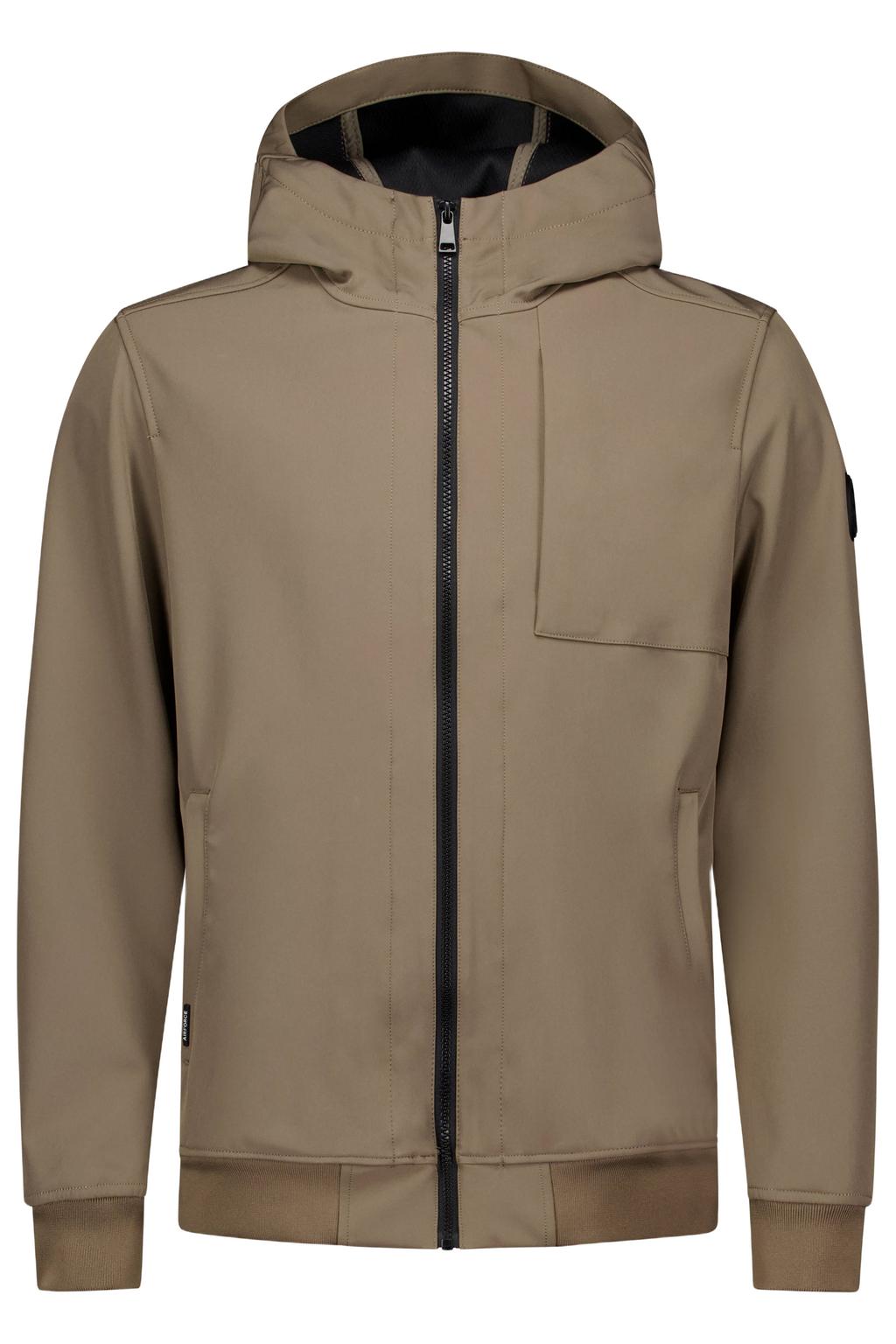 Bruine heren Airforce softshell jas van polyester met effen, lange mouwen, capuchon en ritssluiting