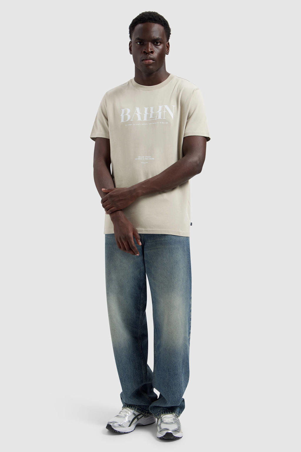 Beige heren Ballin regular t-shirt van katoen met logo dessin, korte mouwen en ronde hals