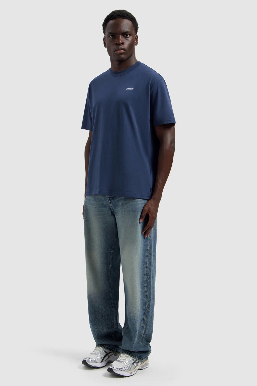 Donkerblauwe heren Ballin oversized T-shirt van katoen met backprint, korte mouwen en ronde hals