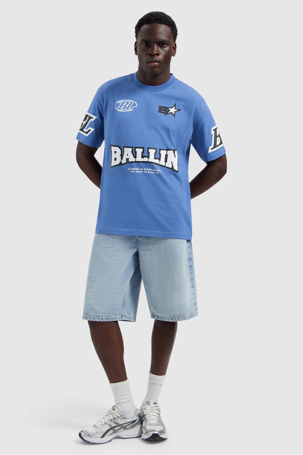 Blauwe heren Ballin oversized T-shirt van katoen met printopdruk, korte mouwen en ronde hals