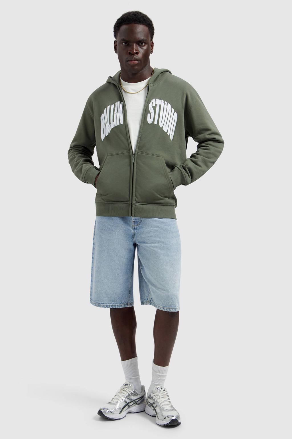 Donkergroene heren Ballin sweatvest met logo dessin, lange mouwen, capuchon en ritssluiting