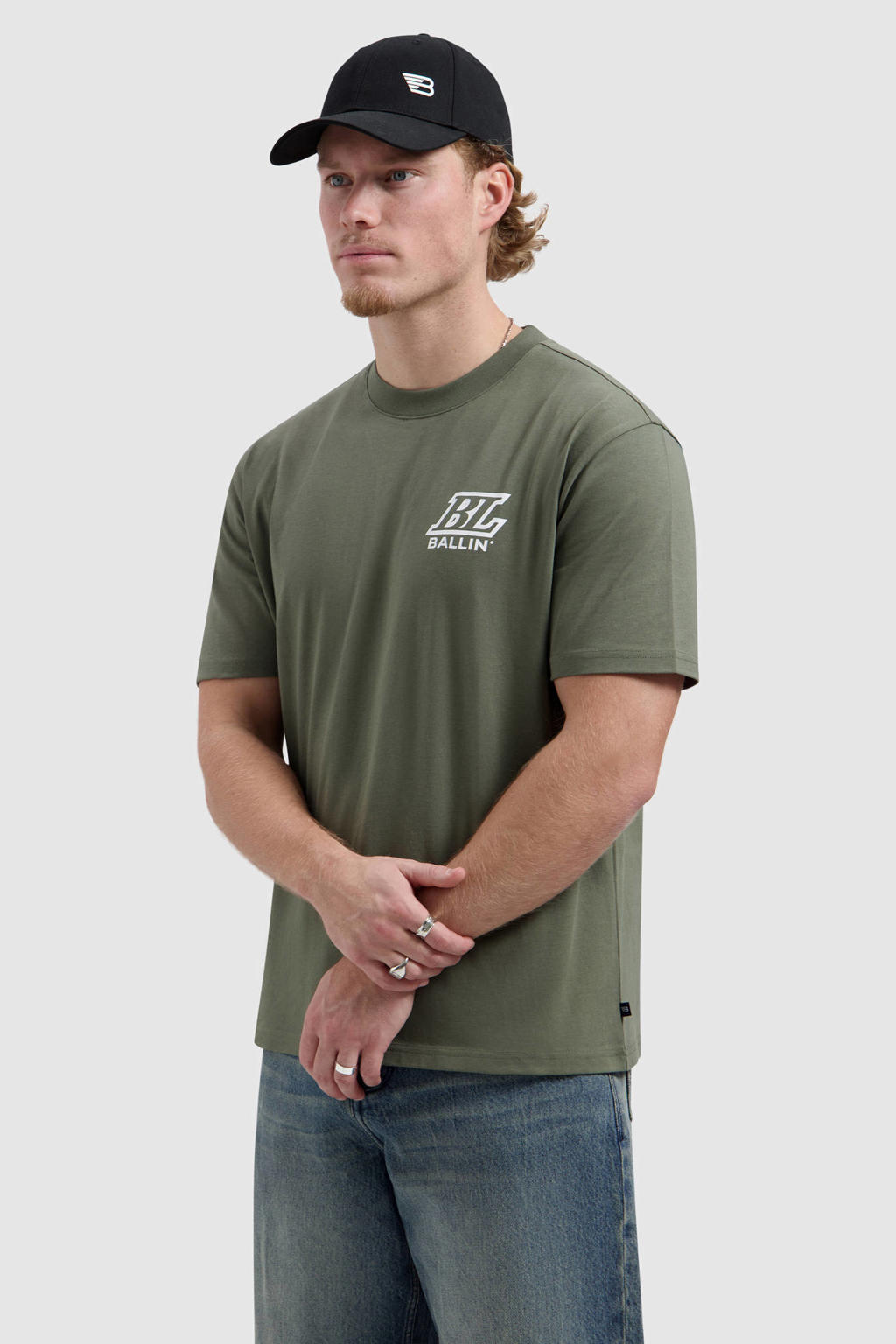 Groene heren Ballin relaxed T-shirt van katoen met backprint, korte mouwen en ronde hals