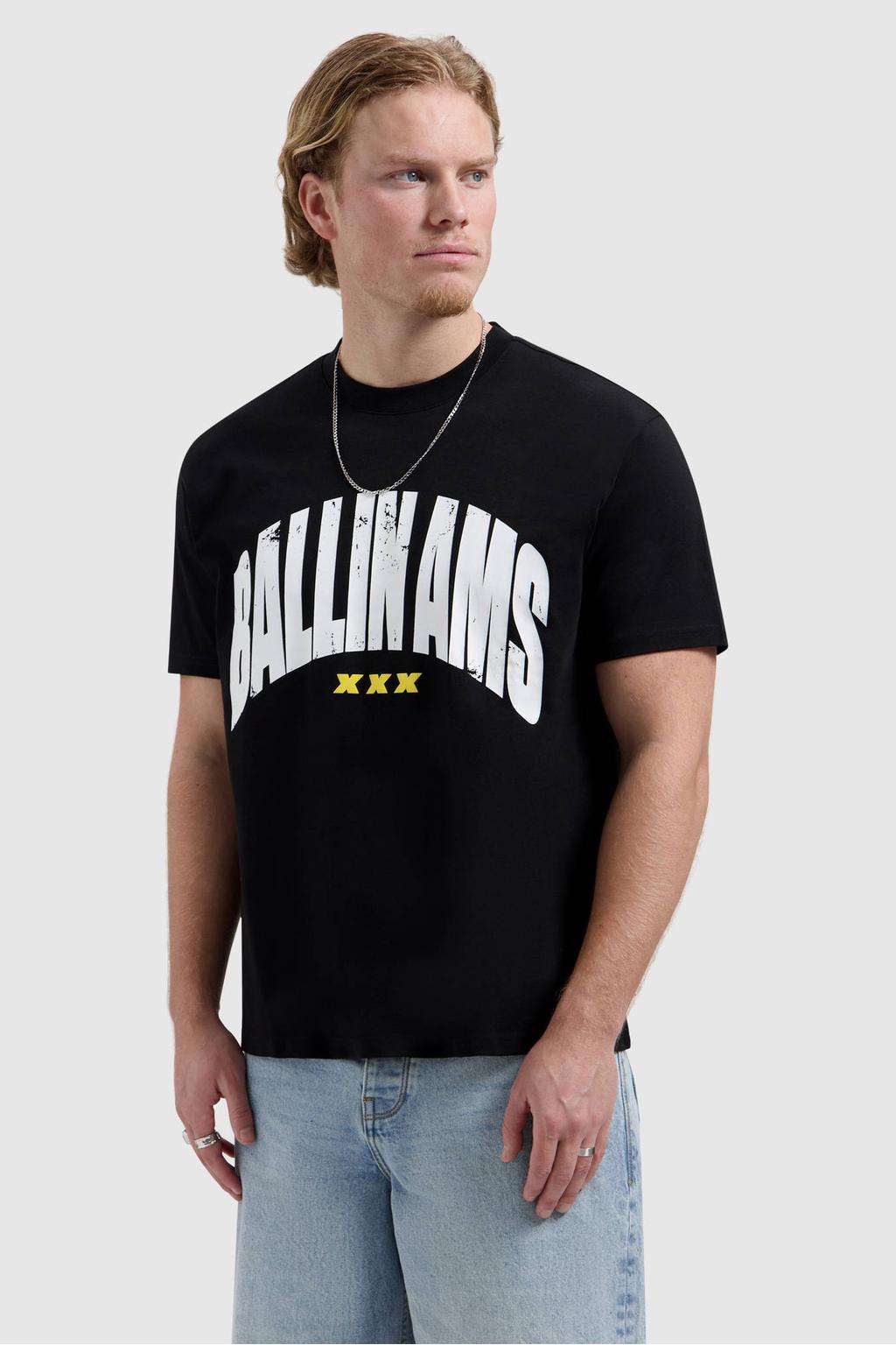 Zwarte heren Ballin relaxed T-shirt van katoen met printopdruk, korte mouwen en ronde hals