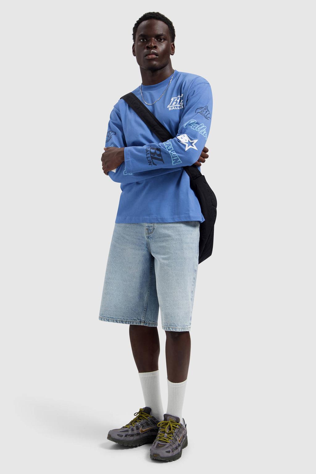 Blauwe heren Ballin longsleeve van katoen met lange mouwen en ronde hals