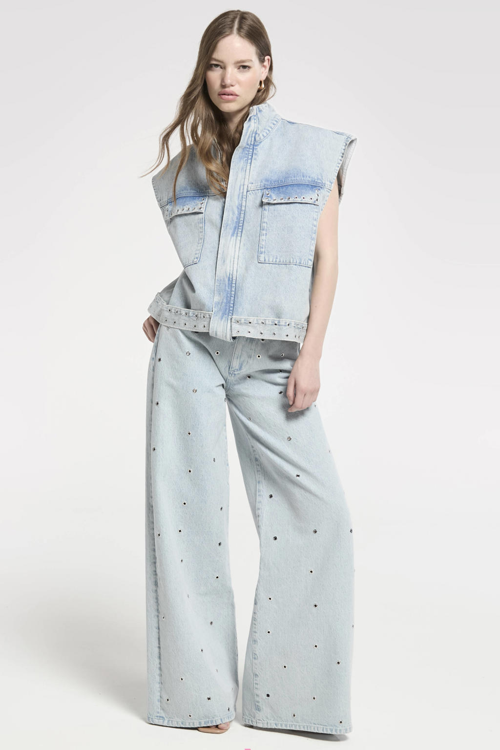 Light blue denim dames Homage to Denim wide leg jeans met rits- en knoopsluiting en effen