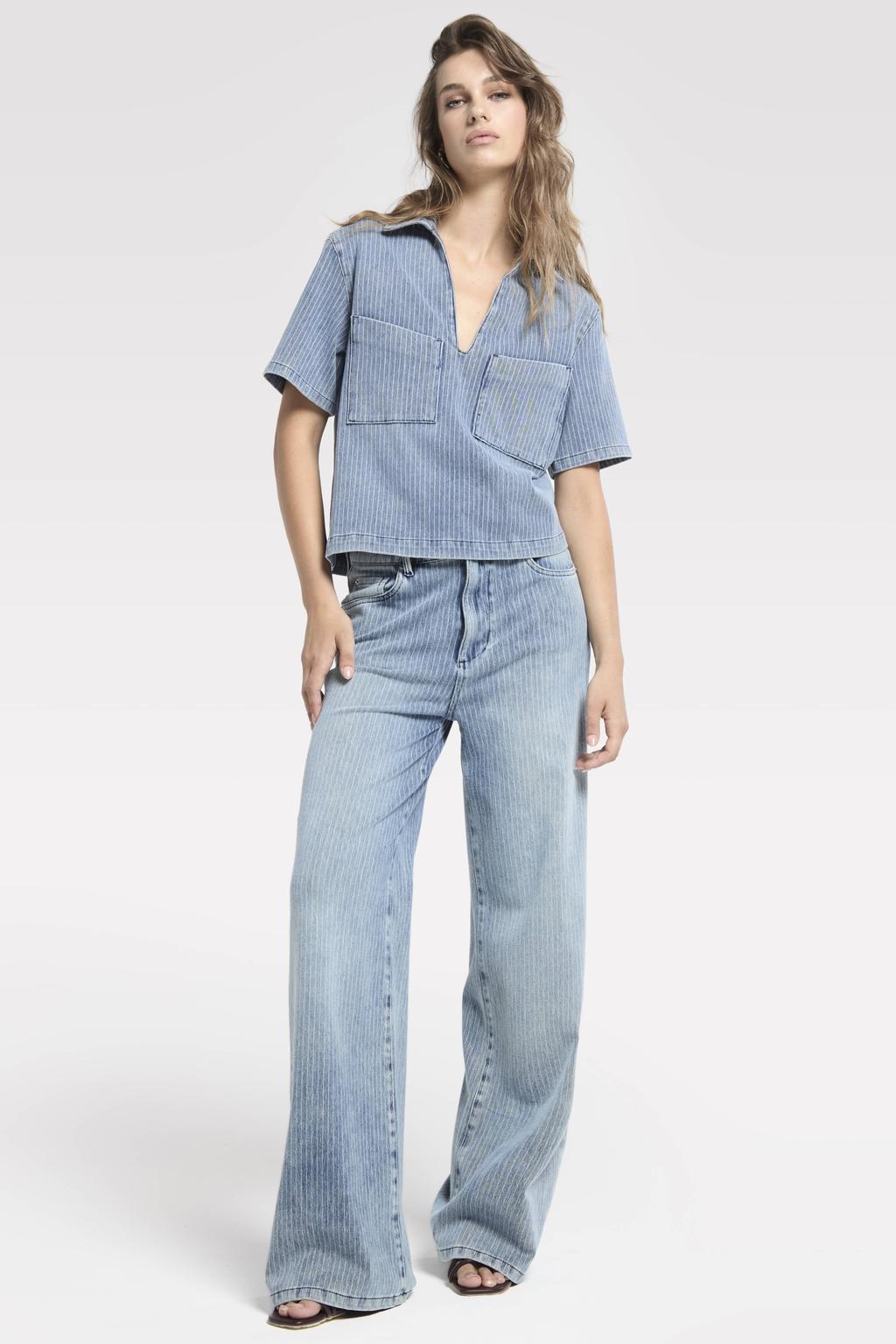 Medium blue denim dames Homage to Denim high waist wide leg jeans met rits- en knoopsluiting en krijtstreepprint