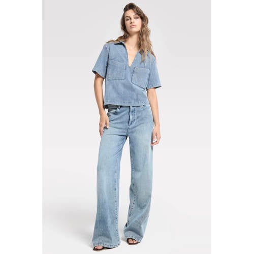 Homage to Denim high waist wide leg jeans met krijtstreep medium blue denim afbeelding