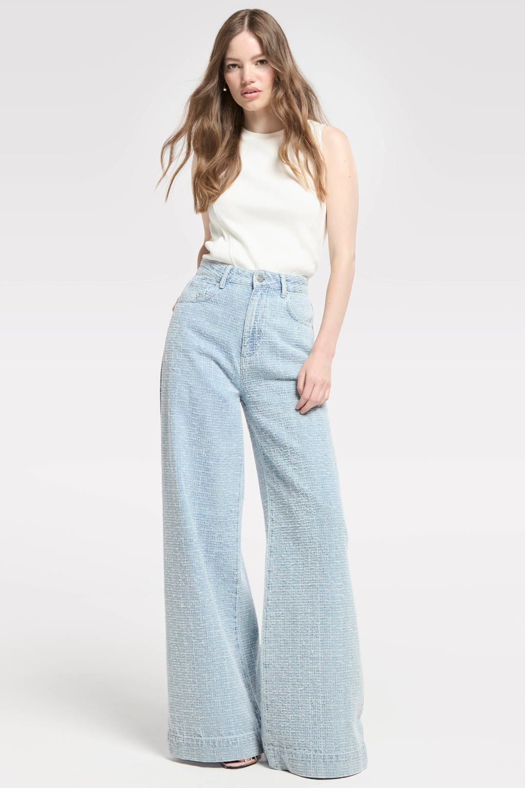 Light blue denim dames Homage to Denim high waist wide leg jeans met rits- en knoopsluiting en effen