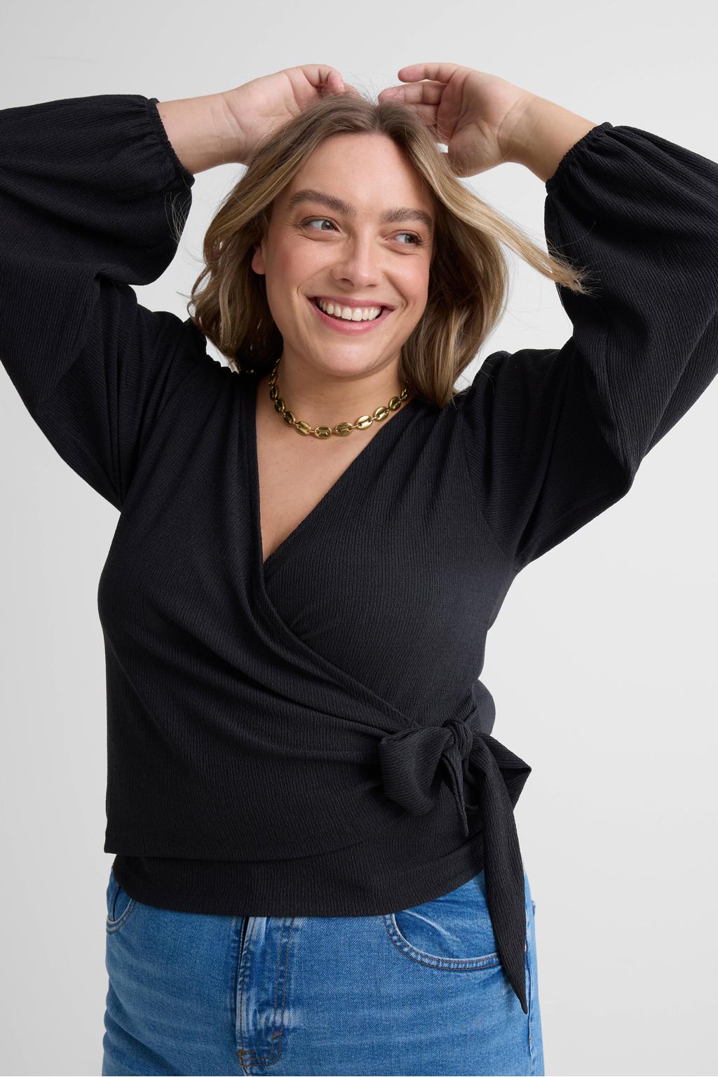 Zwarte dames Anytime crinkle overslag top van viscose met effen en lange mouwen