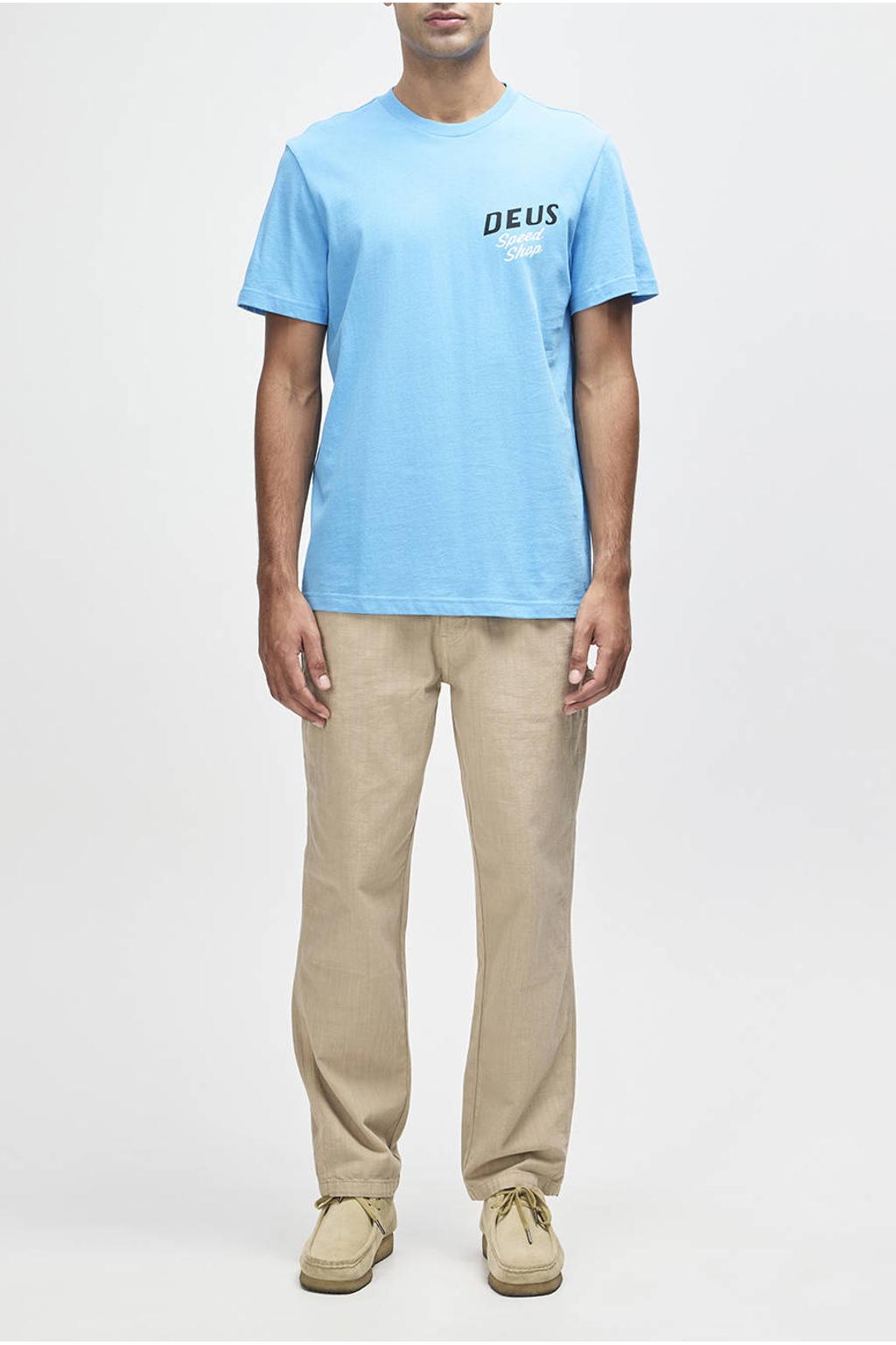 Blauwe heren Deus Ex Machina regular T-shirt van katoen met backprint, korte mouwen en ronde hals
