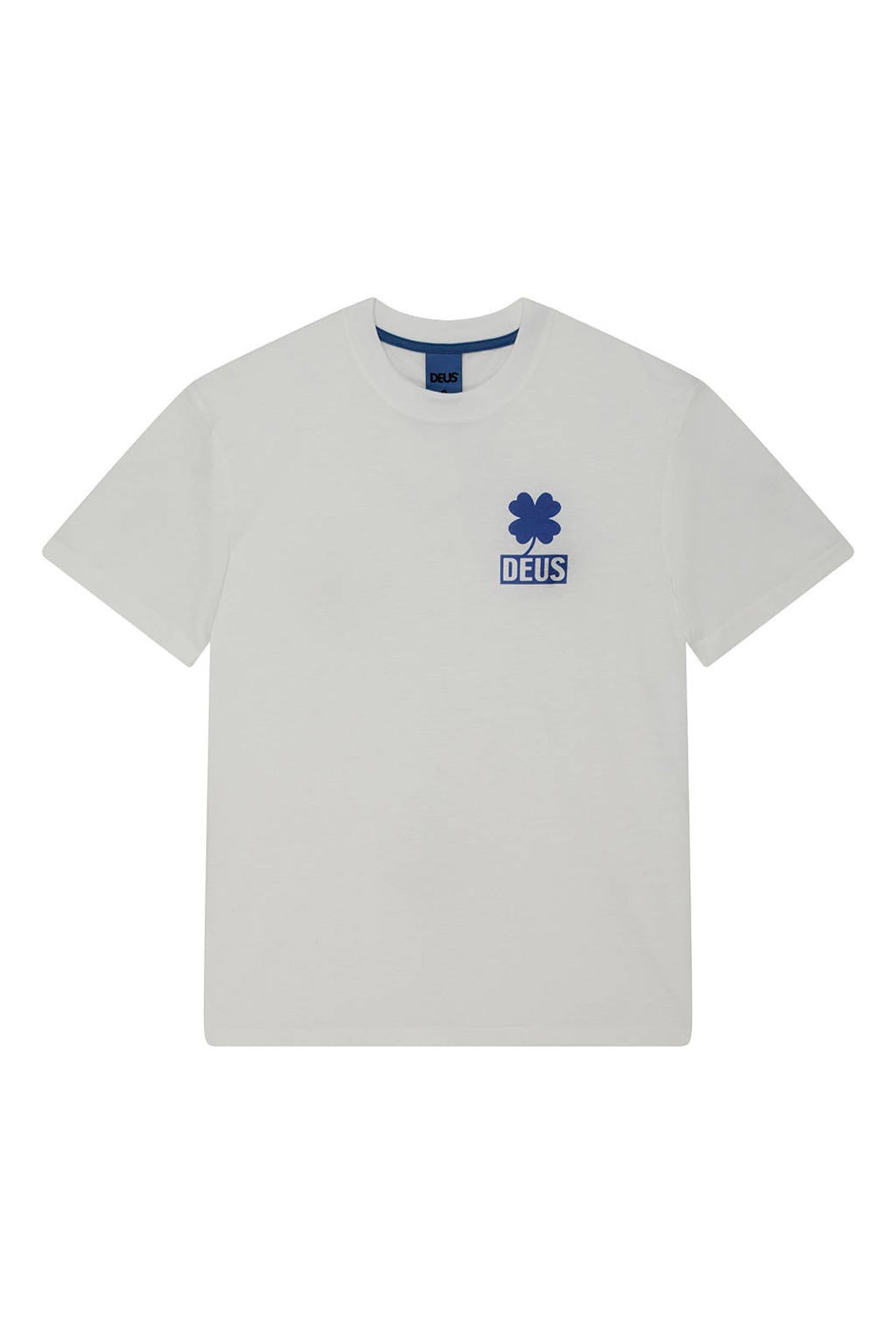 Witte heren Deus Ex Machina boxy T-shirt van polyester met backprint, korte mouwen en klassieke kraag
