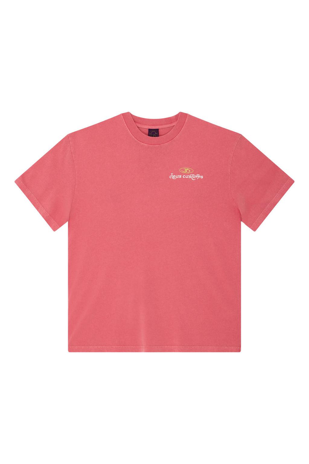 Koraalrode heren Deus Ex Machina regular T-shirt van katoen met backprint, korte mouwen en ronde hals