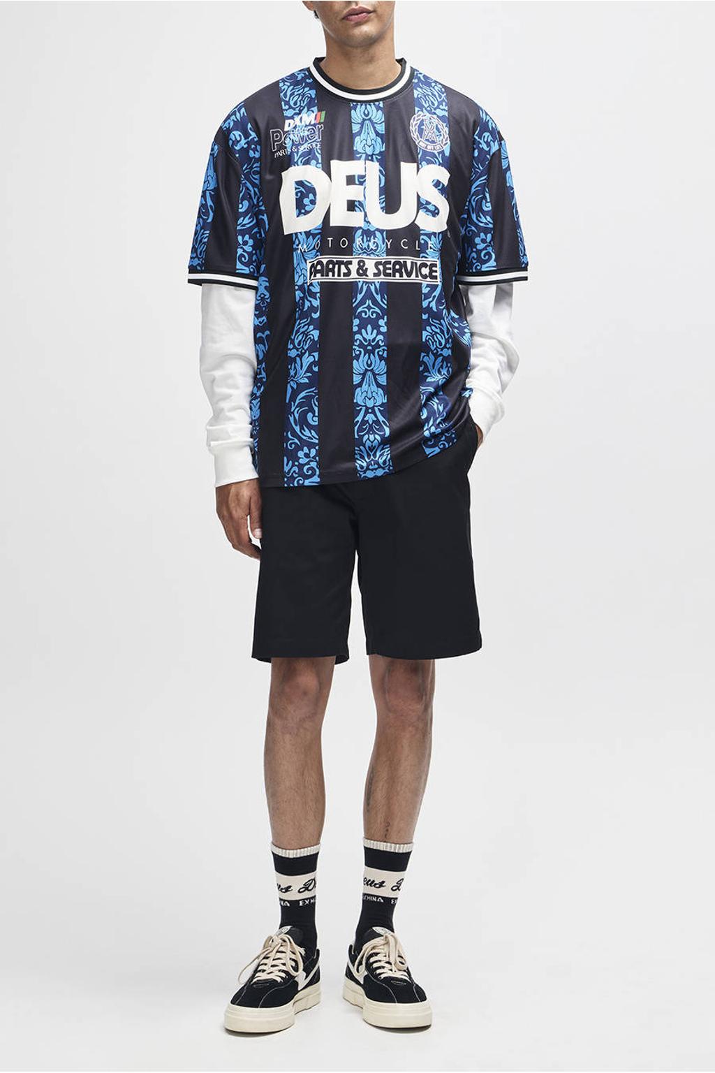 Blauwe heren Deus Ex Machina oversized gestreept T-shirt van polyester met backprint, korte mouwen en ronde hals