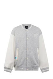 thumbnail: Lichtgrijs en ecru jongens Shoeby baseball jacket van sweat materiaal met melée print, lange mouwen, button down sluiting, drukknoopsluiting en geribde boorden