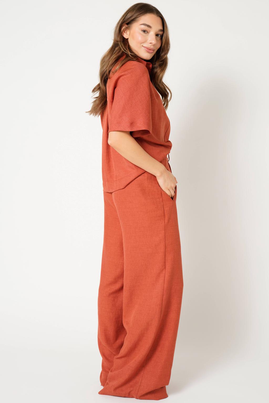 Terracottakleurige dames Est'seven wide leg high waist broek