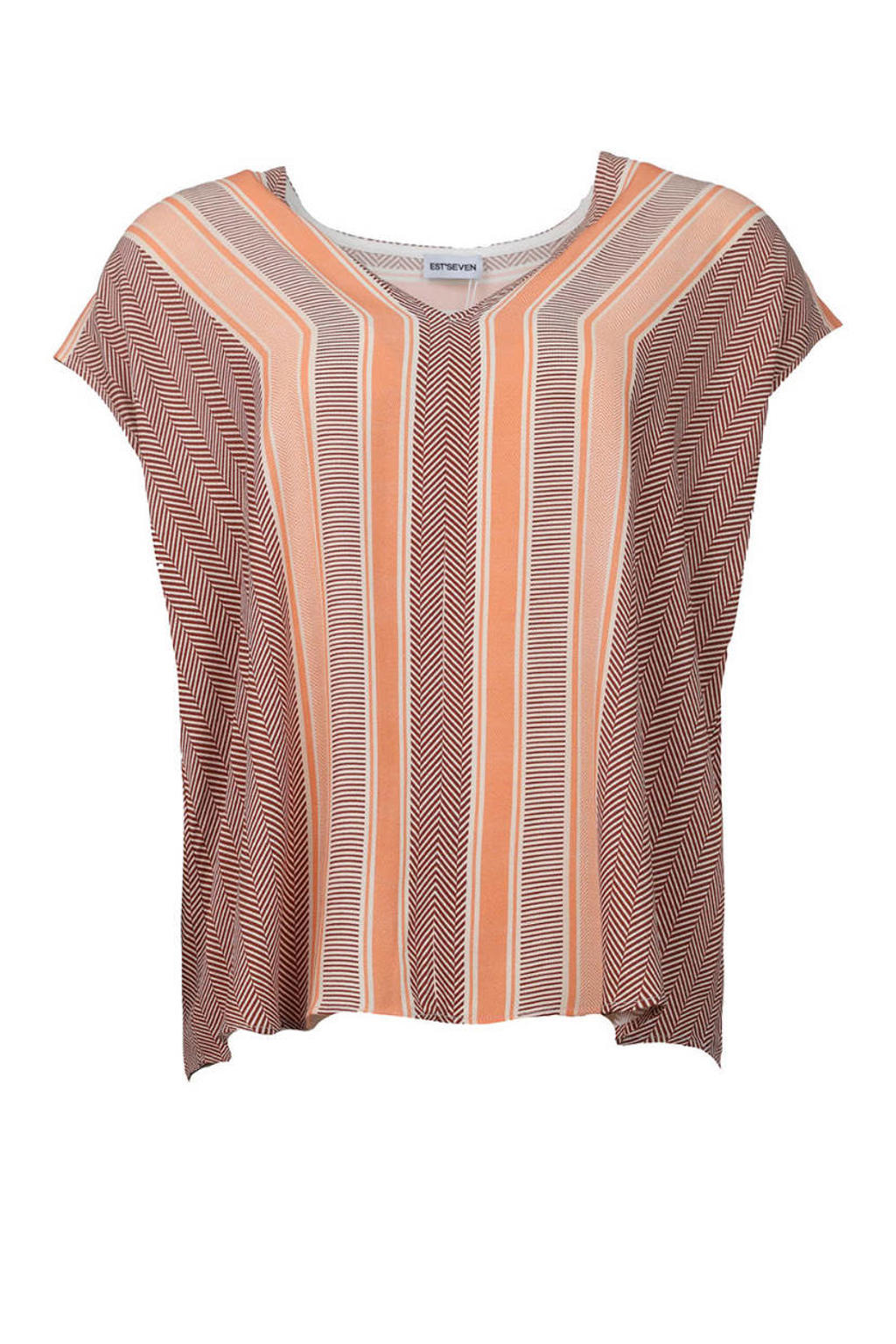 Donkerrood en oranje dames Est'seven top van viscose met korte mouwen en V-hals