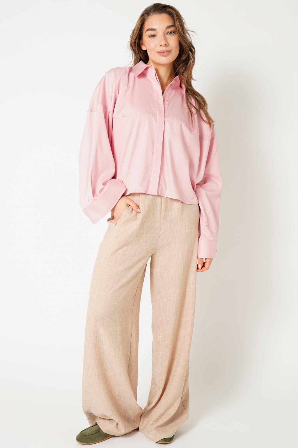 Lichtroze dames Est'seven blouse van viscose met lange mouwen, klassieke kraag en knoopsluiting
