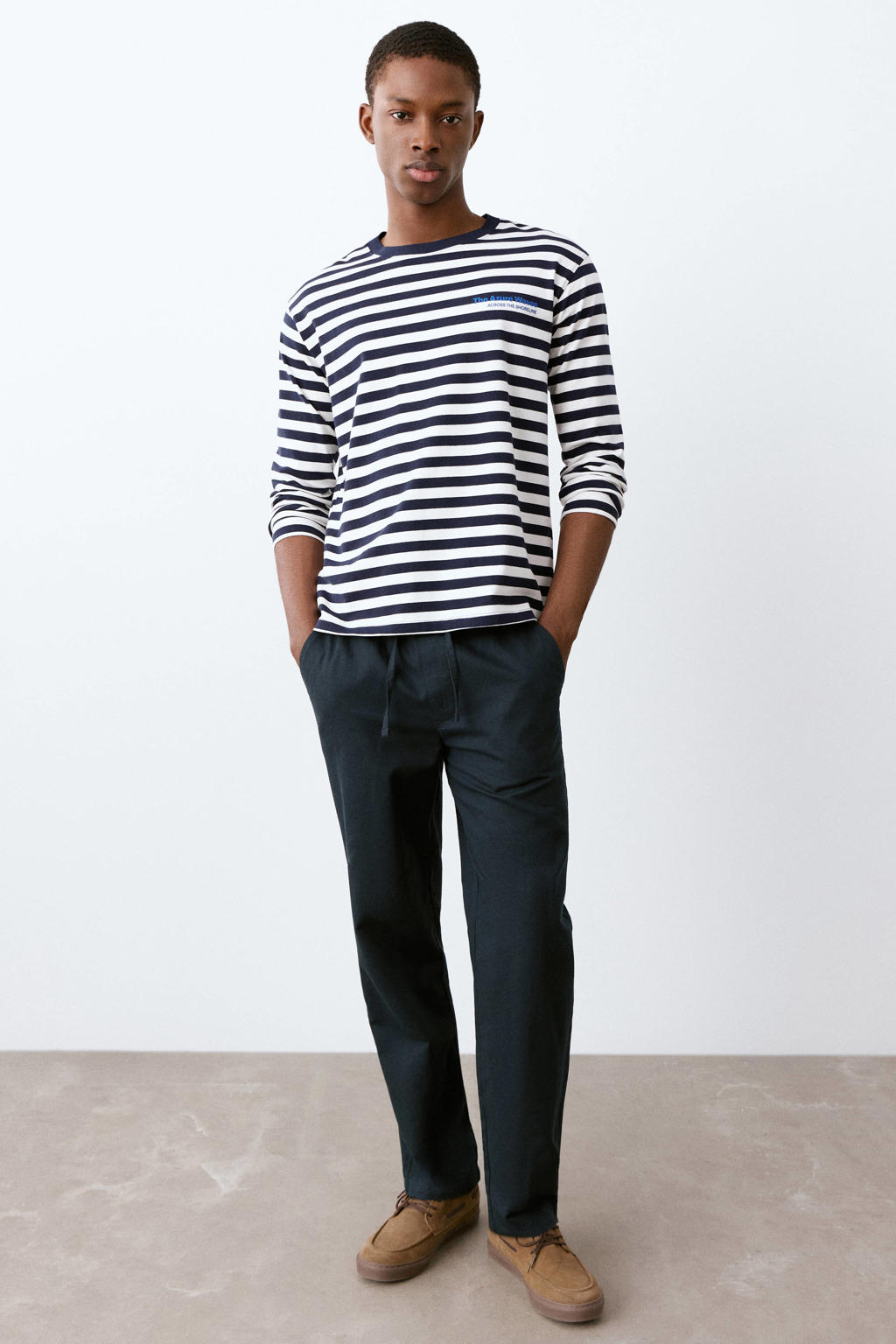 Donkerblauwe meisjes MANGO TEEN linnen pantalon met elastische tailleband met koord en effen