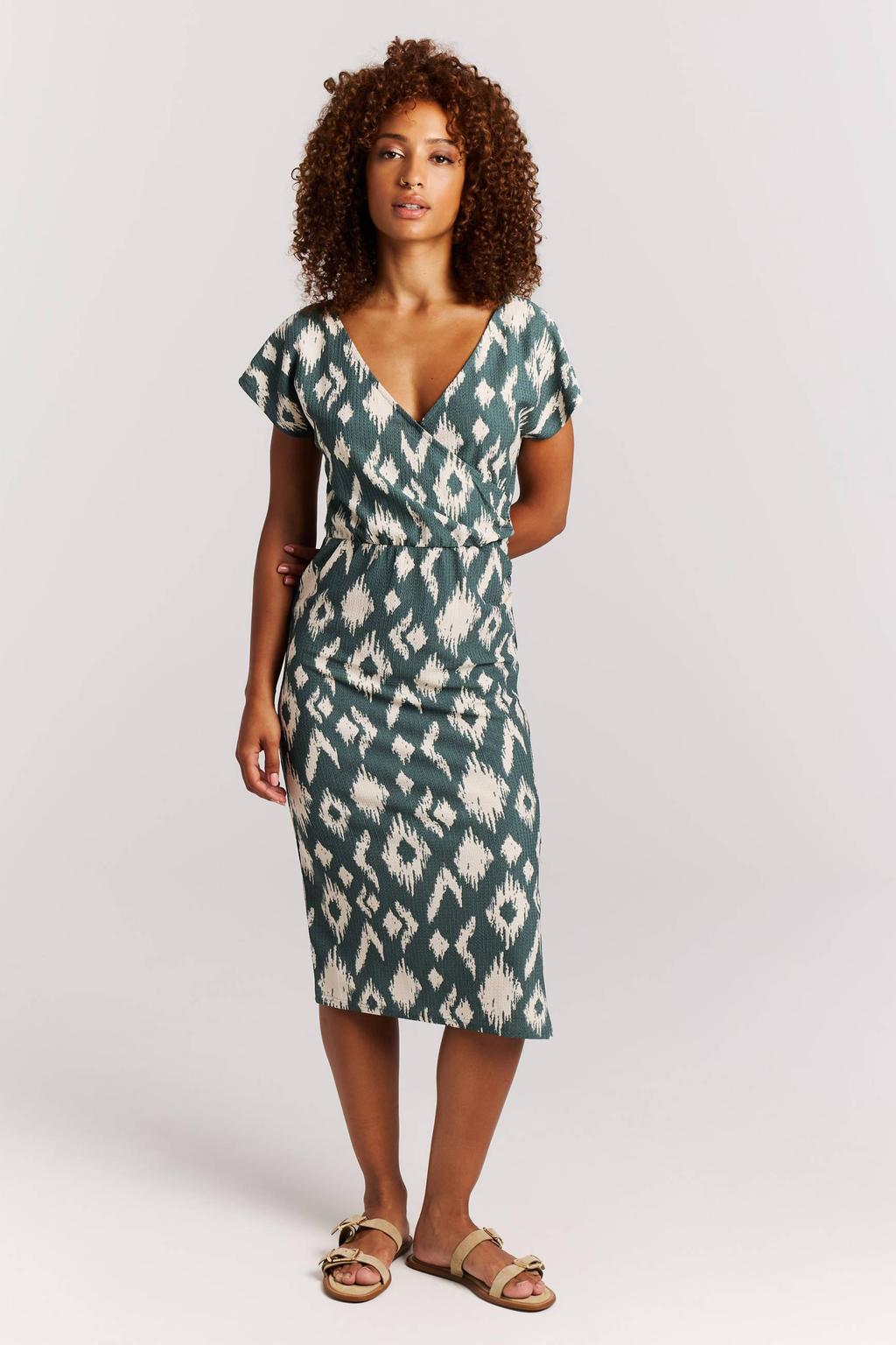 Groen en witte dames Protest midi jurk van polyester met grafische print, korte mouwen en overslagkraag