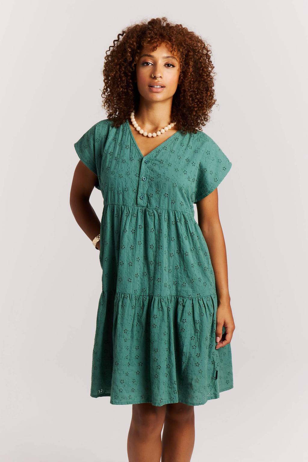 Groene dames Protest zomerjurk broderie van katoen met effen, korte mouwen, V-hals en knoopsluiting