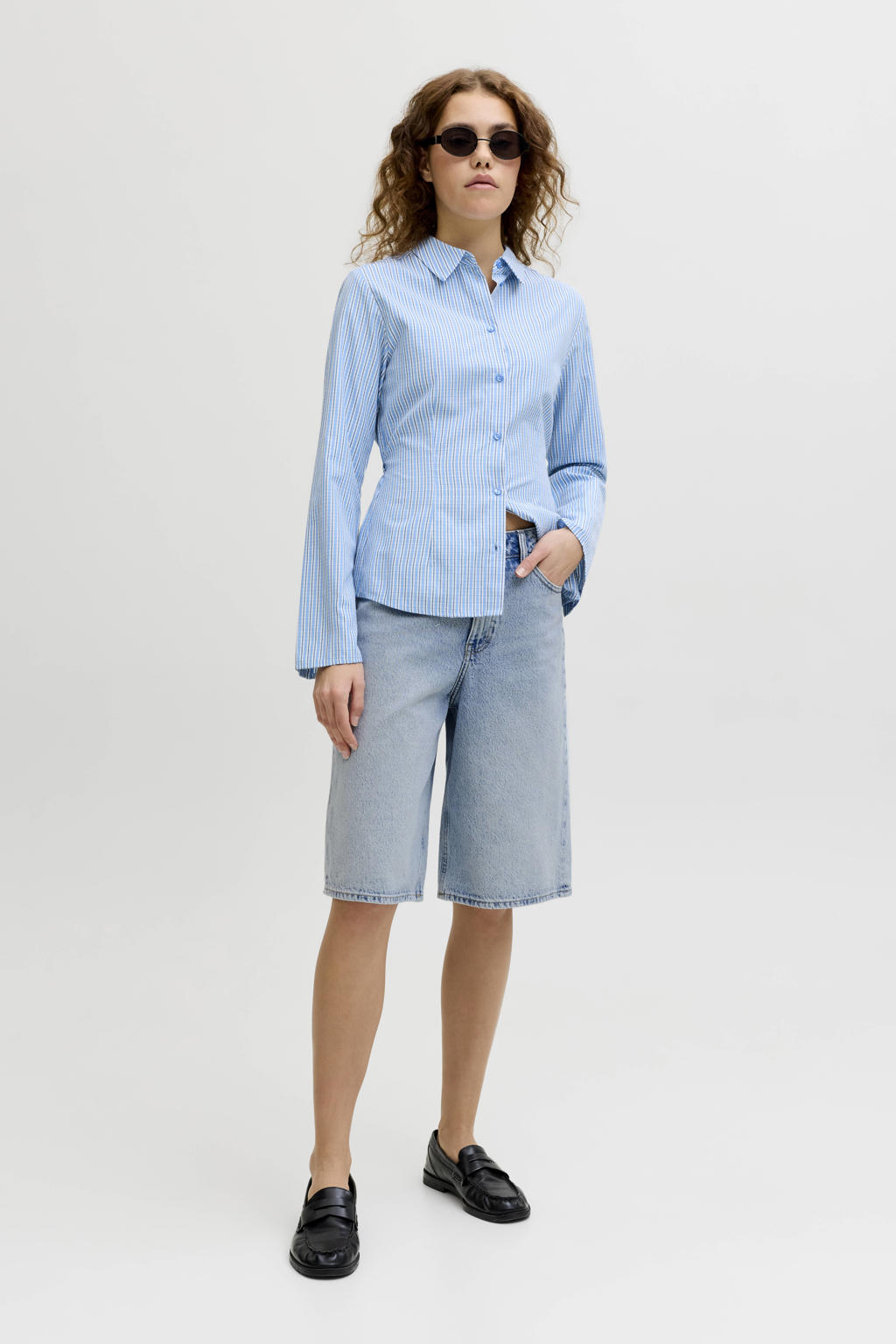 Light blue denim dames JJXX wide leg high waist short van denim met rits- en knoopsluiting en effen