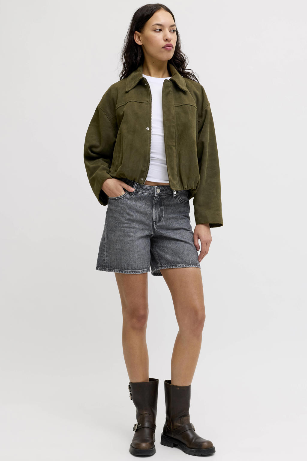 Grey denim dames JJXX regular waist short van denim met loose fit en ritssluiting