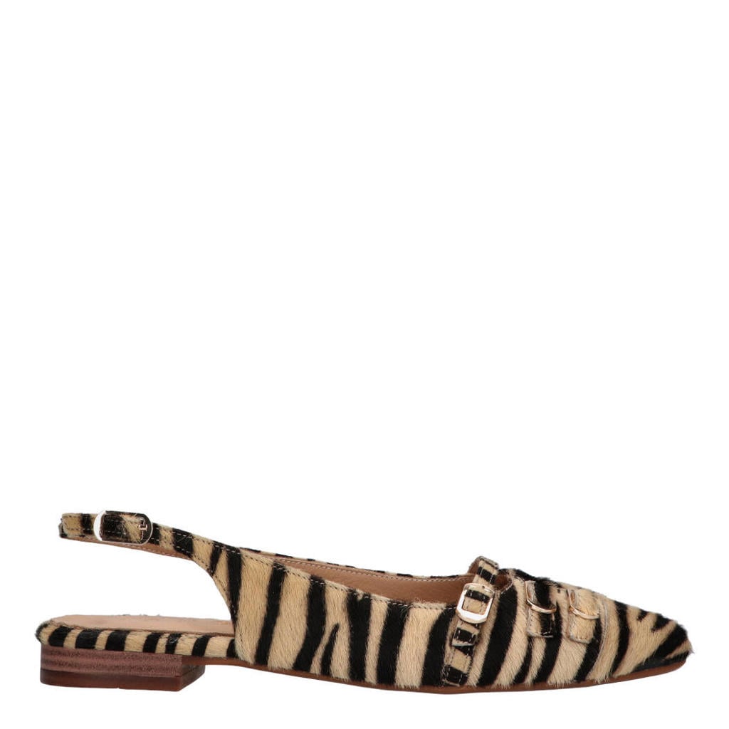 Beige en zwarte dames Tango Duna 4 m leren slingback loafers met ponyhair en met gesp en zebraprint