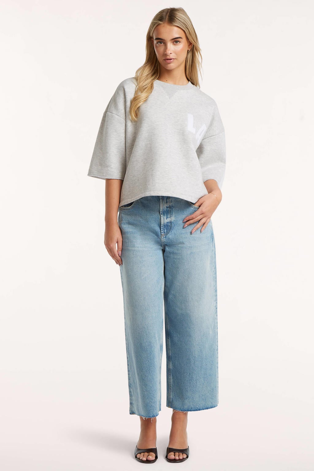 Grijze dames Circle of Trust sweater van katoen met effen, half lange mouwen en ronde hals