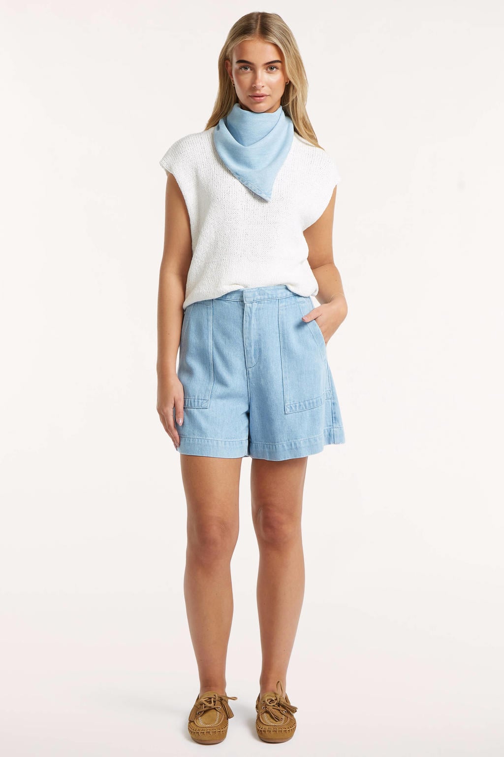 Light blue denim dames Circle of Trust regular high waist short van polyester met elastische inzet en effen