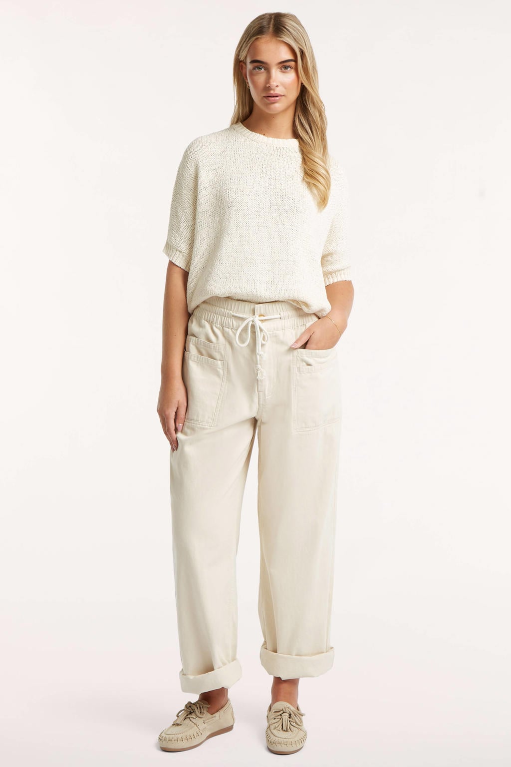 Ecru dames Circle of Trust straight regular waist broek van katoen met elastische tailleband met koord en effen