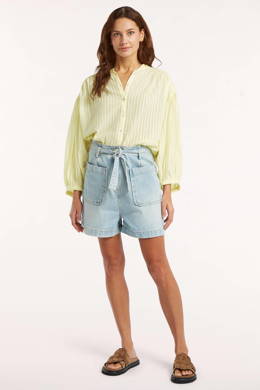 Lichtgeel en ecru dames Circle of Trust gestreepte blouse van katoen met lange mouwen, klassieke kraag en knoopsluiting