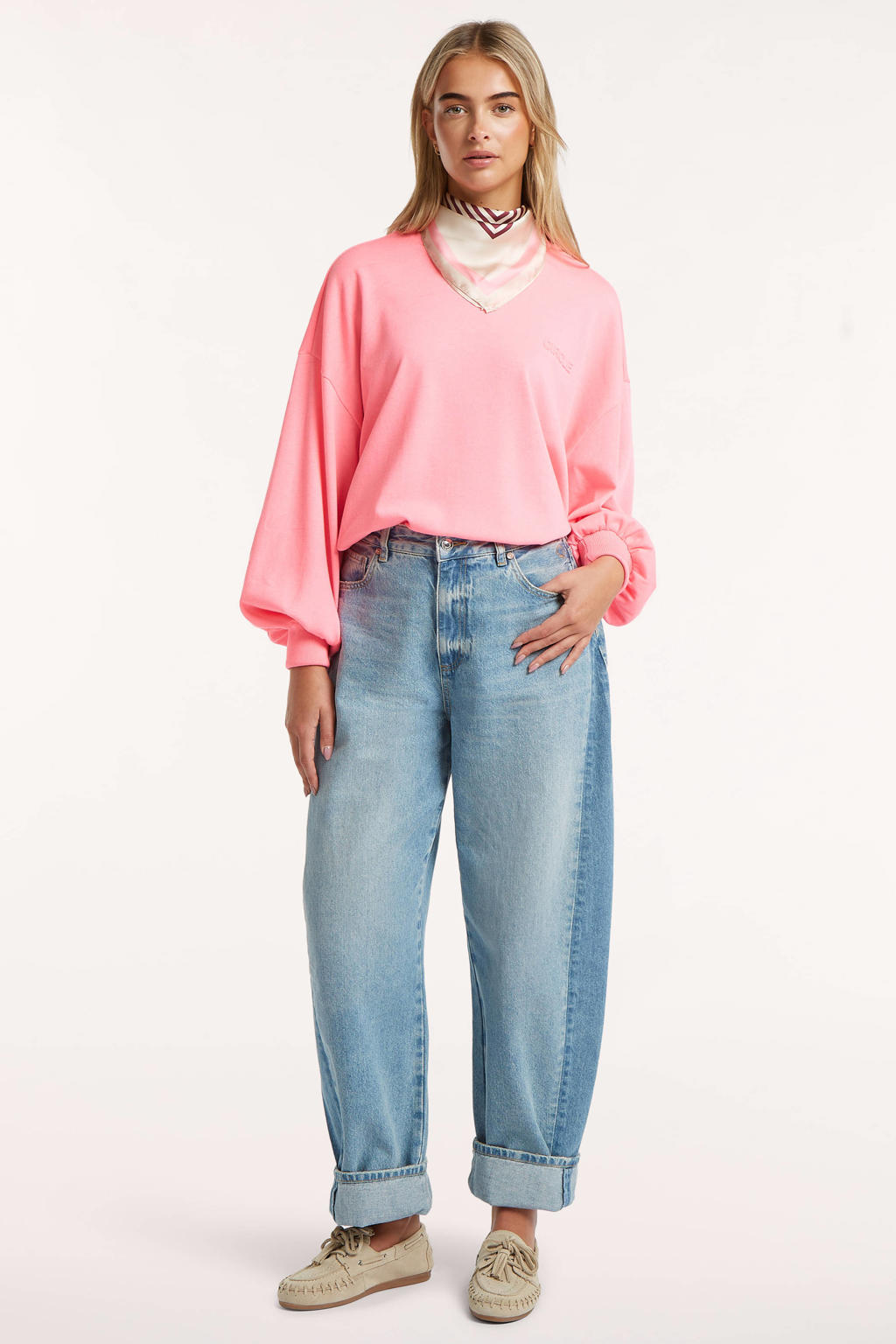 Roze dames Circle of Trust sweater van katoen met effen, lange mouwen en ronde hals