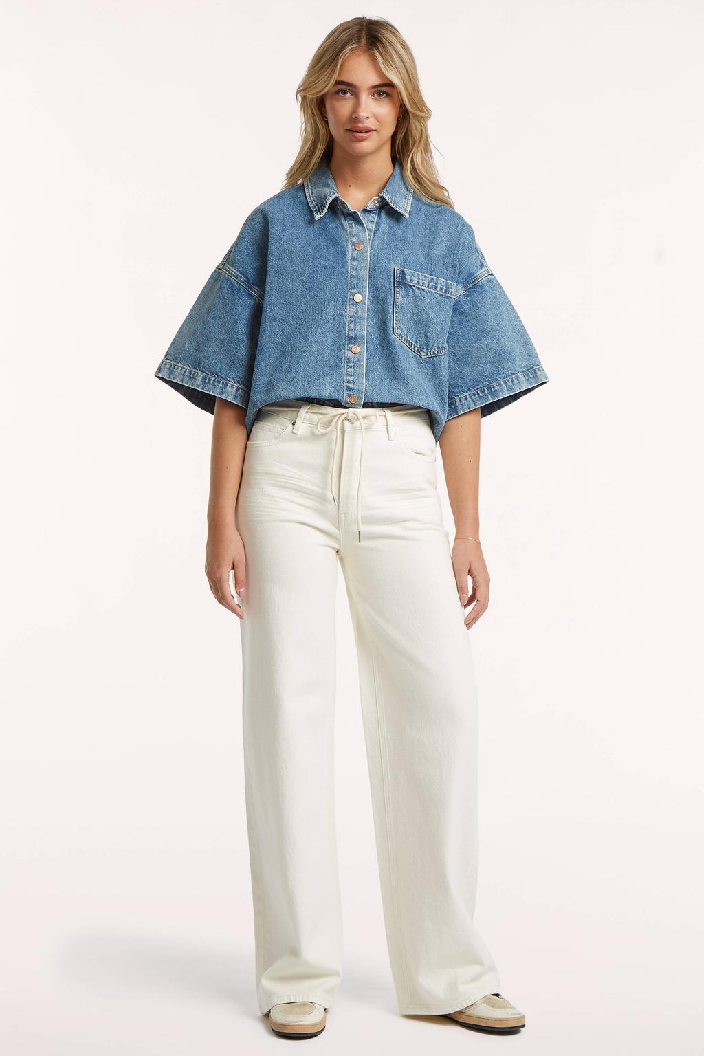 Ecru dames Circle of Trust wide leg jeans van denim met rits- en knoopsluiting en effen