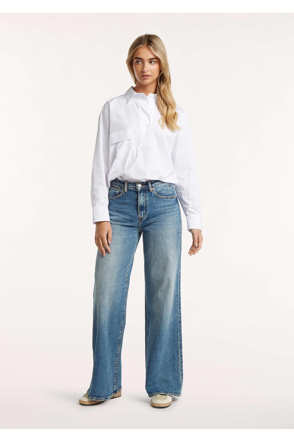 Medium blue denim dames Circle of Trust wide leg jeans van denim met rits- en knoopsluiting en effen