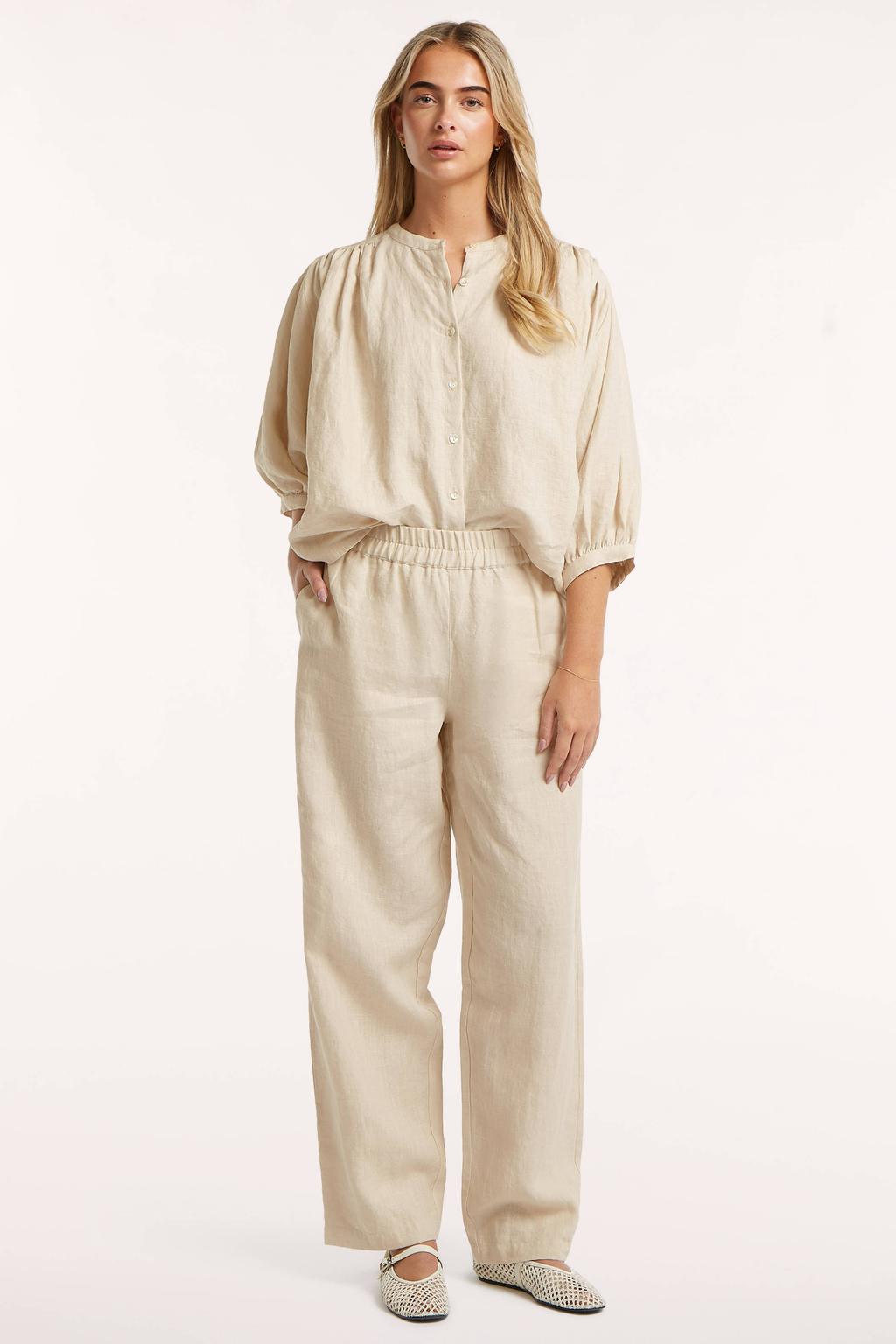 Beige dames Circle of Trust wide leg high waist broek van linnen met effen