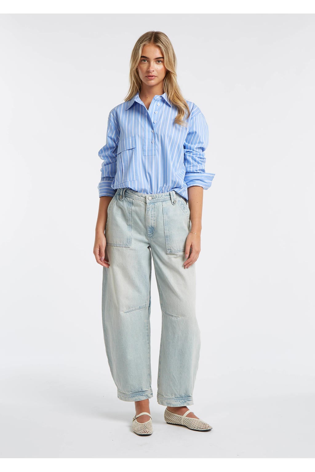 Blauw en witte dames Circle of Trust gestreepte blousetop van katoen met lange mouwen, klassieke kraag en knoopsluiting