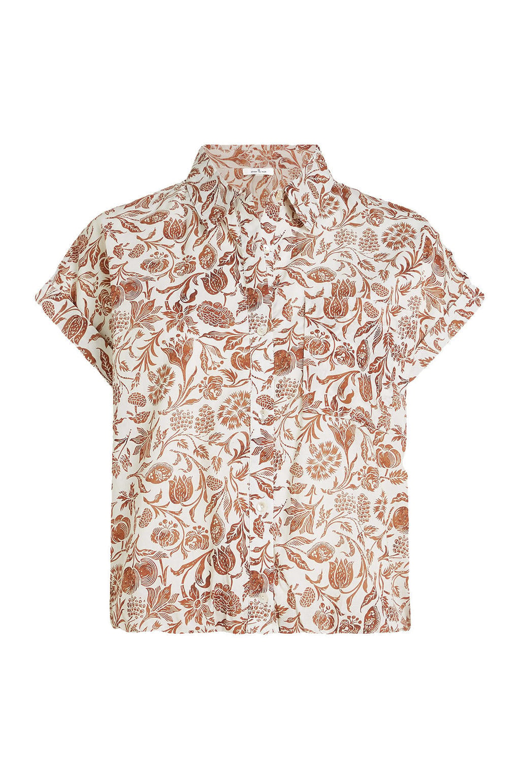 Bruin en witte dames Circle of Trust blouse van linnen met effen, korte mouwen, klassieke kraag en knoopsluiting