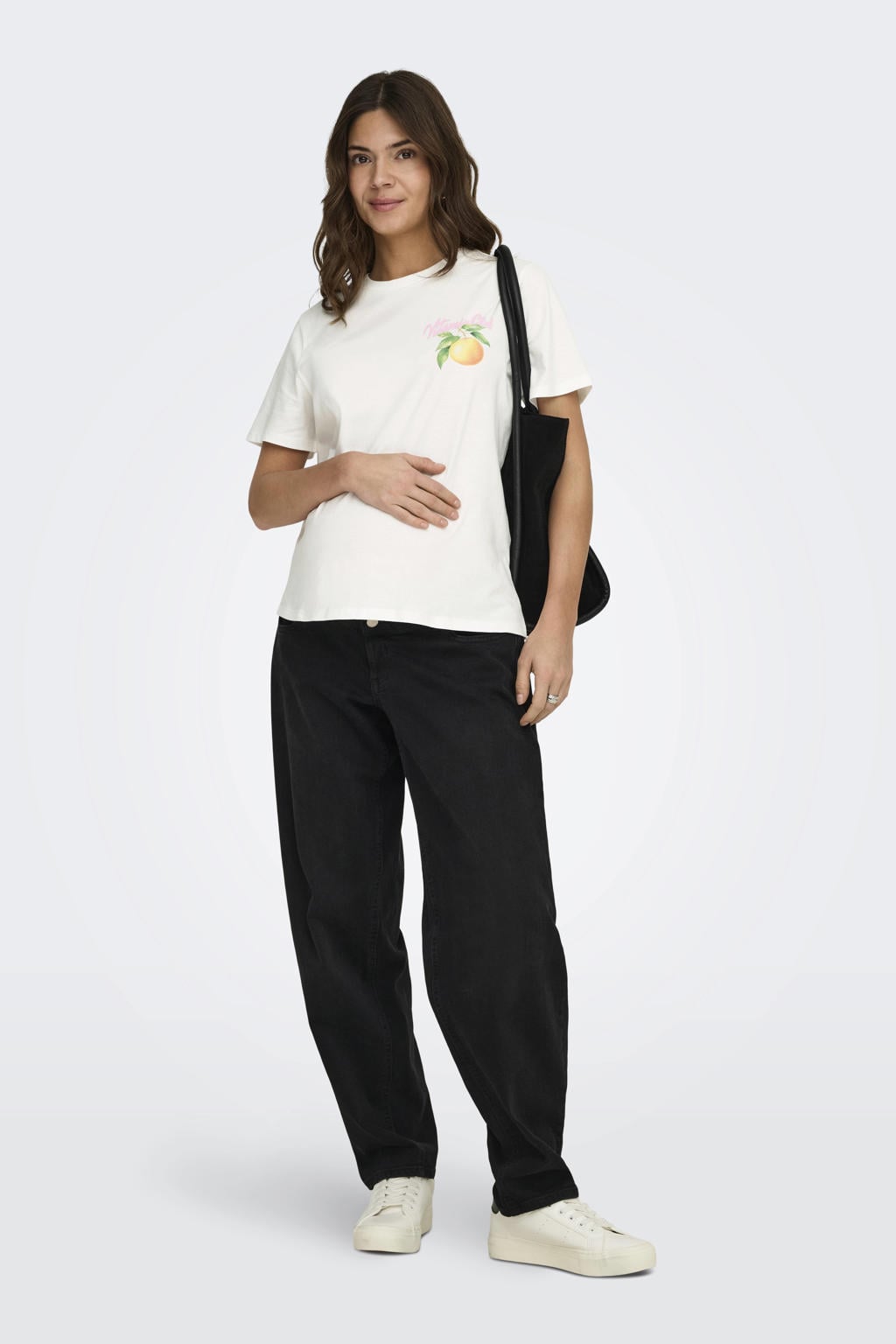 Ecru dames ONLY MATERNITY zwangerschaps T-shirt van katoen met backprint, korte mouwen en ronde hals