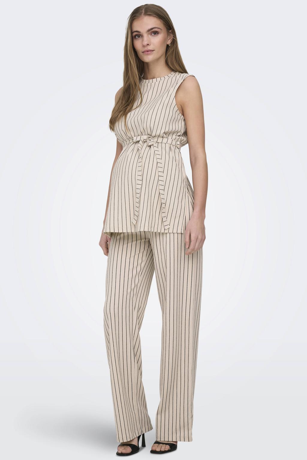 Ecru dames ONLY MATERNITY zwangerschaps gestreepte mouwloze top van polyester met ronde hals, striksluiting en split