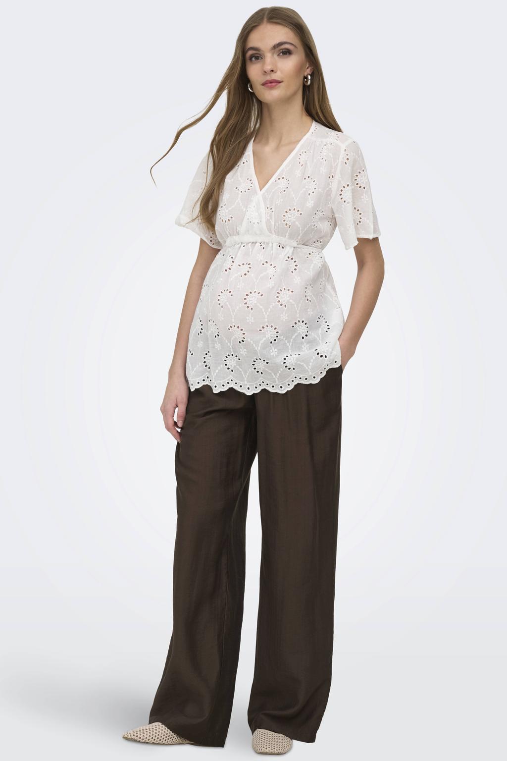 Witte dames ONLY MATERNITY zwangerschaps top met effen, korte mouwen, V-hals en broderie