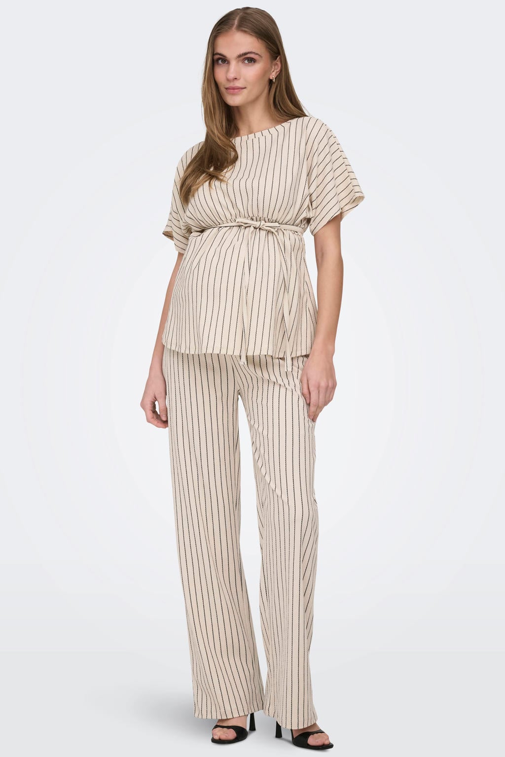 Ecru dames ONLY MATERNITY straight high waist gestreepte zwangerschaps casual broek van polyester met elastische tailleband