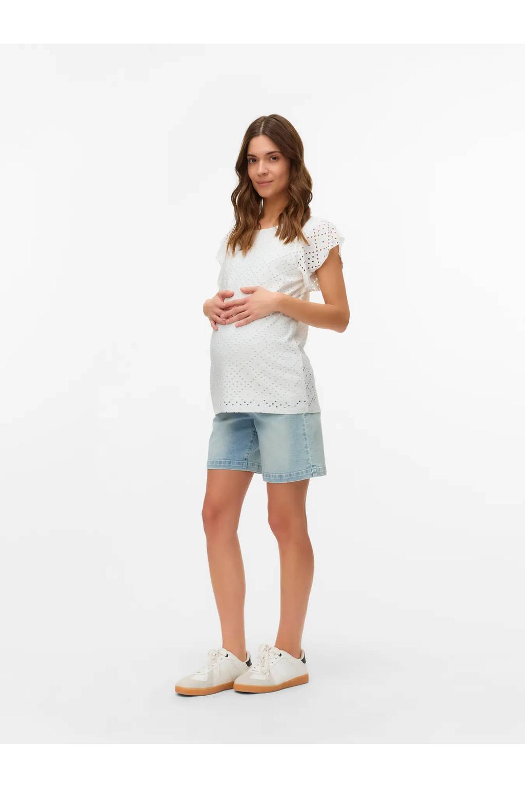 Witte dames VERO MODA MATERNITY zwangerschaps T-shirt van polyester met effen, korte mouwen, ronde hals en open detail