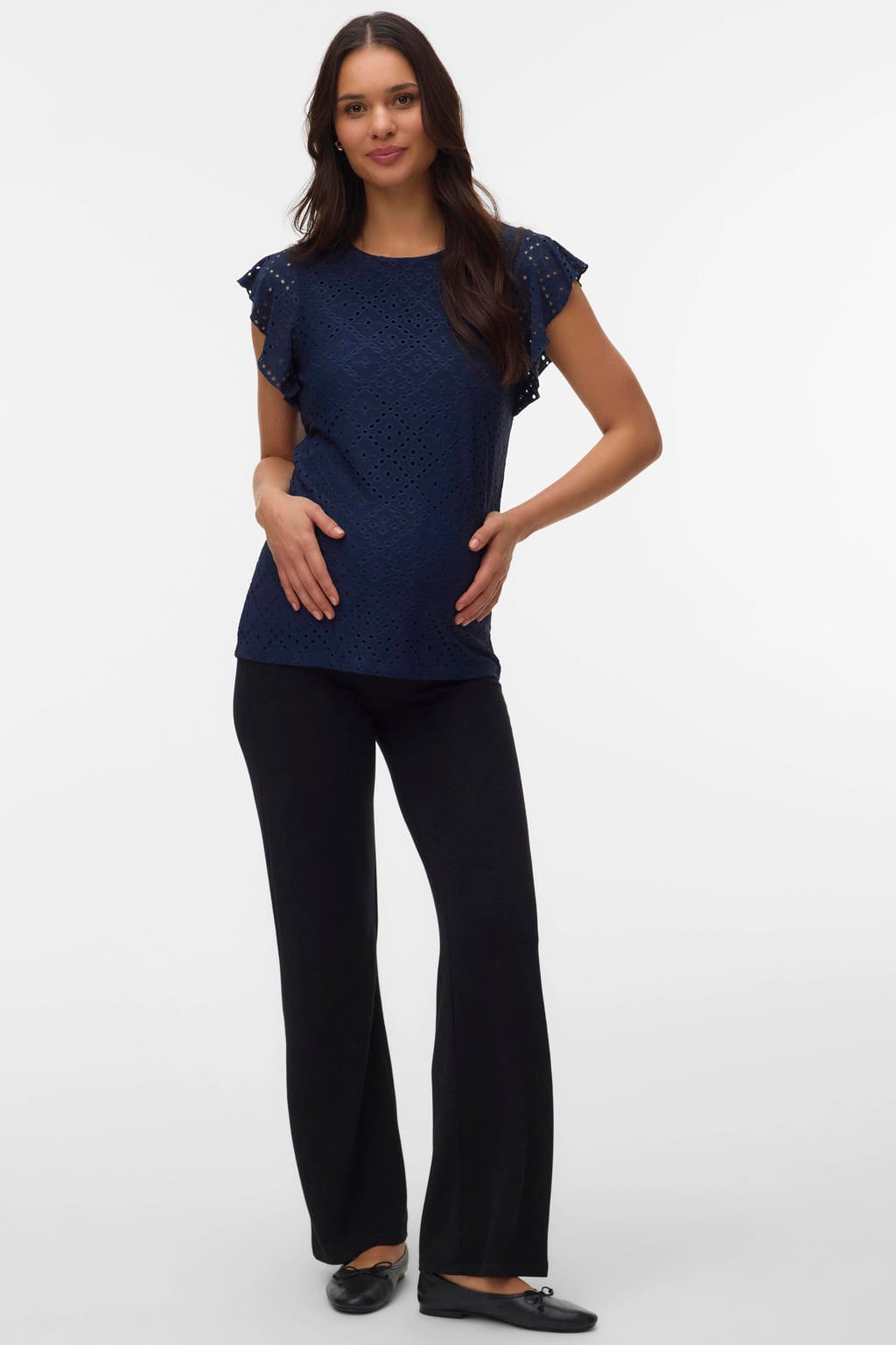 Donkerblauwe dames VERO MODA MATERNITY zwangerschaps T-shirt van polyester met effen, korte mouwen, ronde hals en open detail