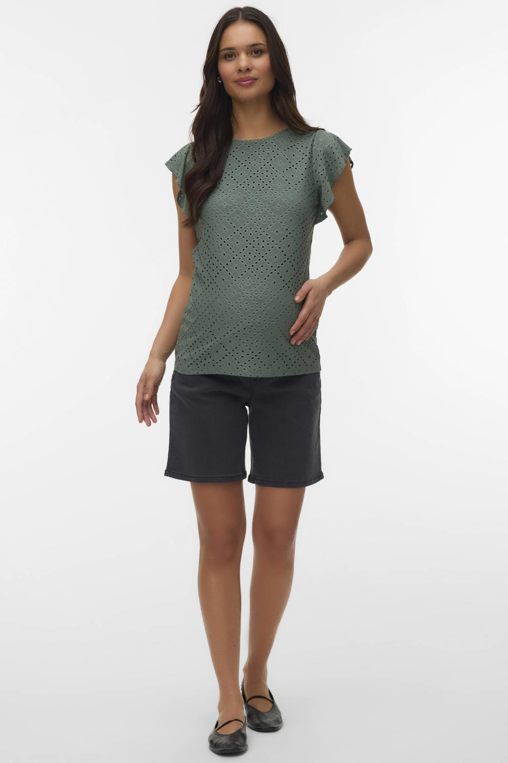 Groene dames VERO MODA MATERNITY zwangerschaps T-shirt van polyester met effen, korte mouwen, ronde hals en open detail